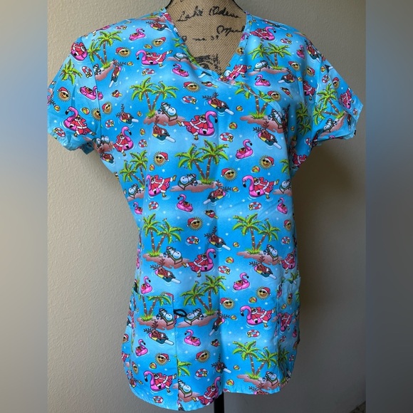 Festive Christmas Flamingo and Santa Print Scrub Top - Picture 2 of 9